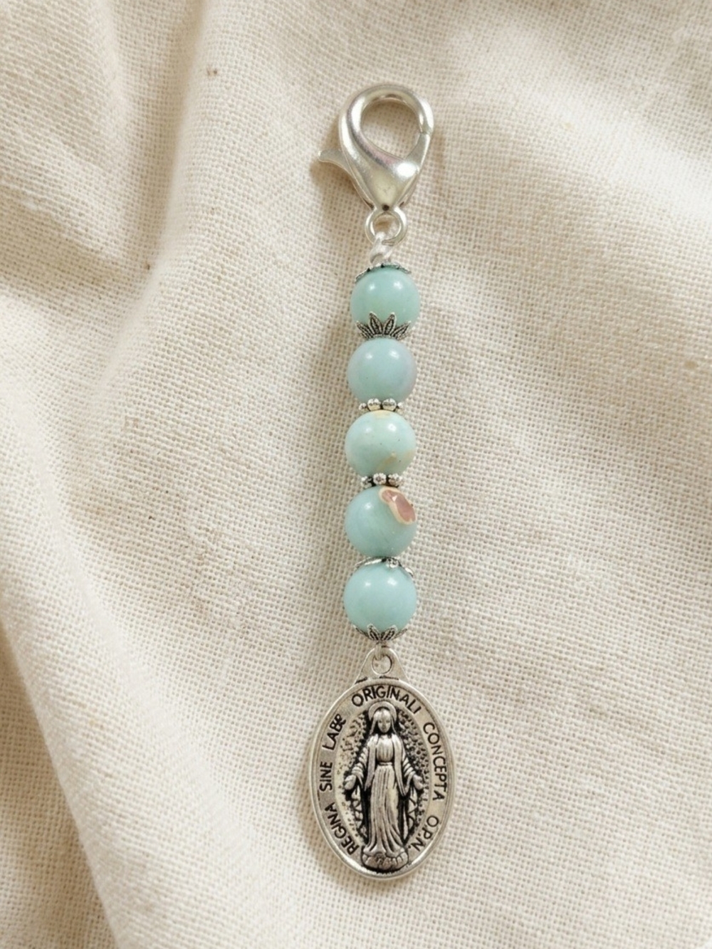 Amazonite Key Charm Card Holder with Our Blessed Virgin Mary Medal